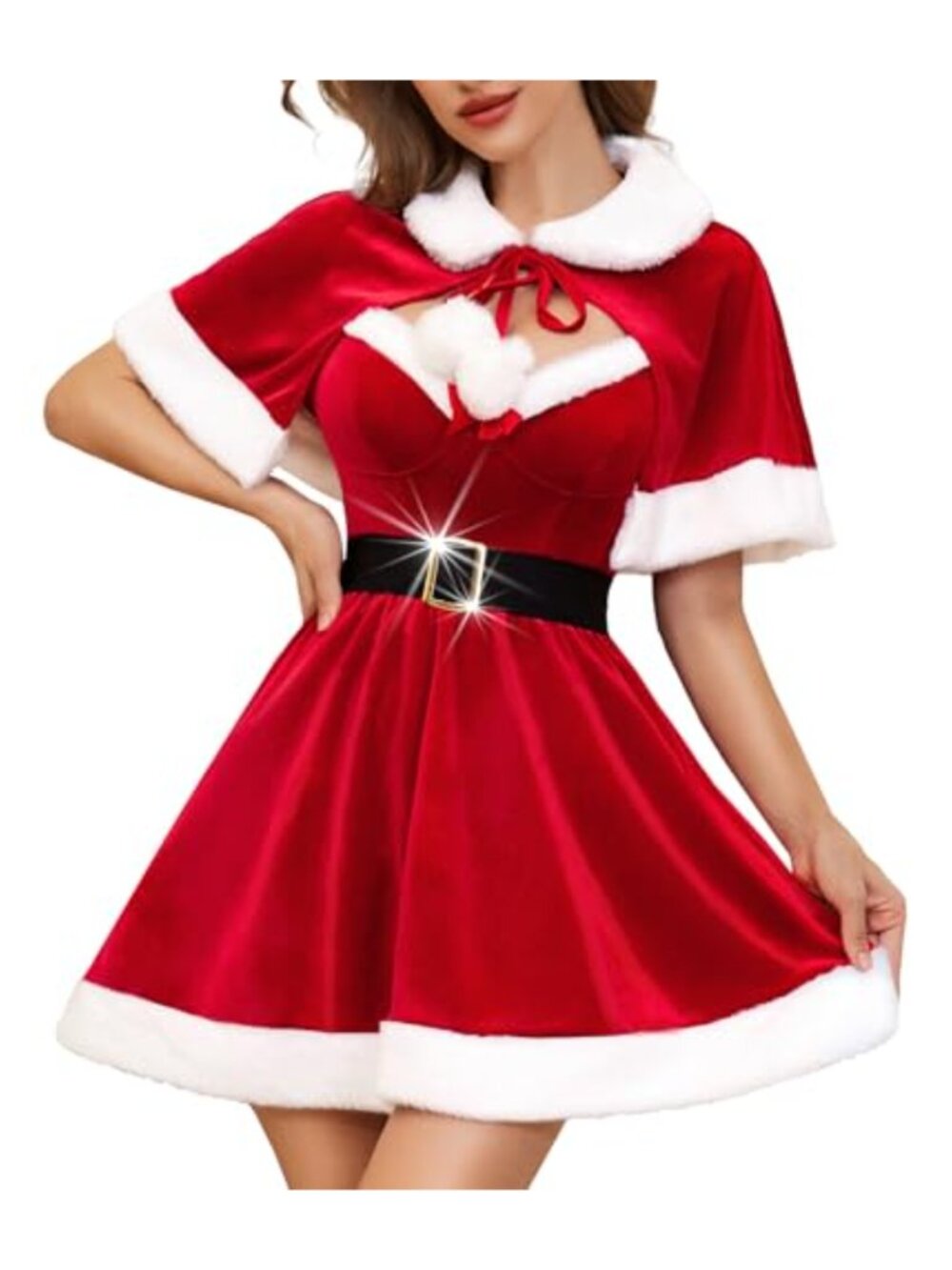 Velvet Christmas Babydoll Dress Fur Trim Cape Bow Belt Holiday Costume